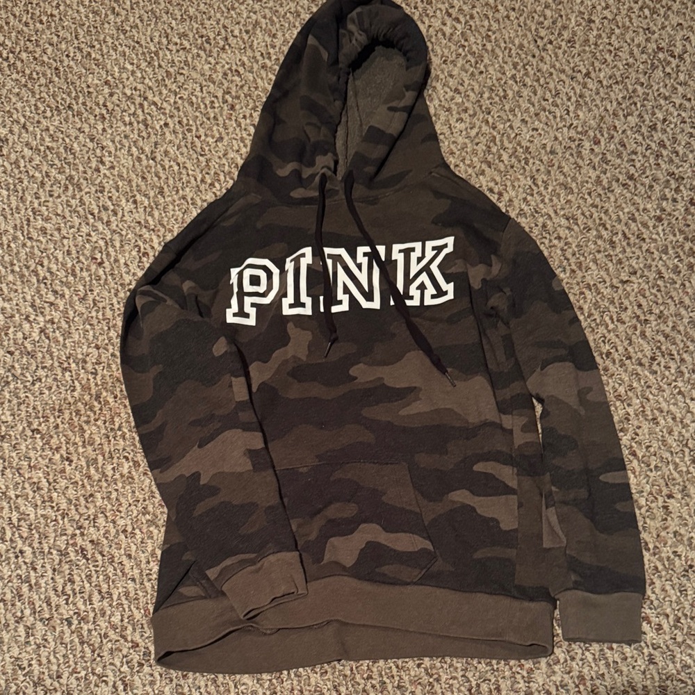 PINK Victoria's Secret Green and Gray Camouflage Hoodie size small